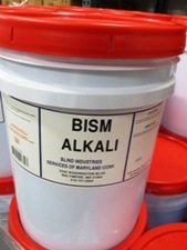 white bucket, orange lid, label - BISM Alkali
